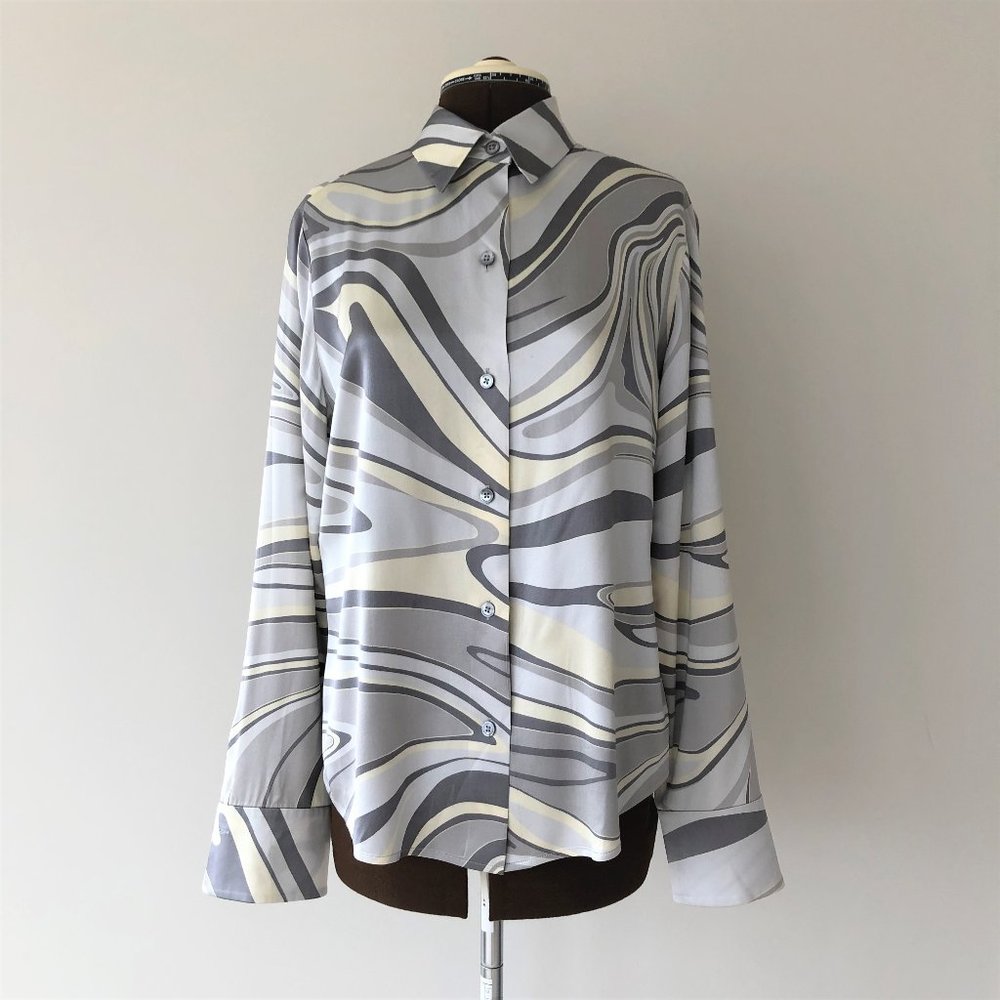 Ellen Tracy Grey Silk Satin Button Front